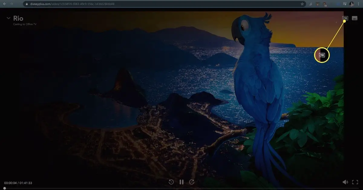 Chromecast-ikonen i det övre högra hörnet av ett Disney Plus-videofönster i Chrome.
