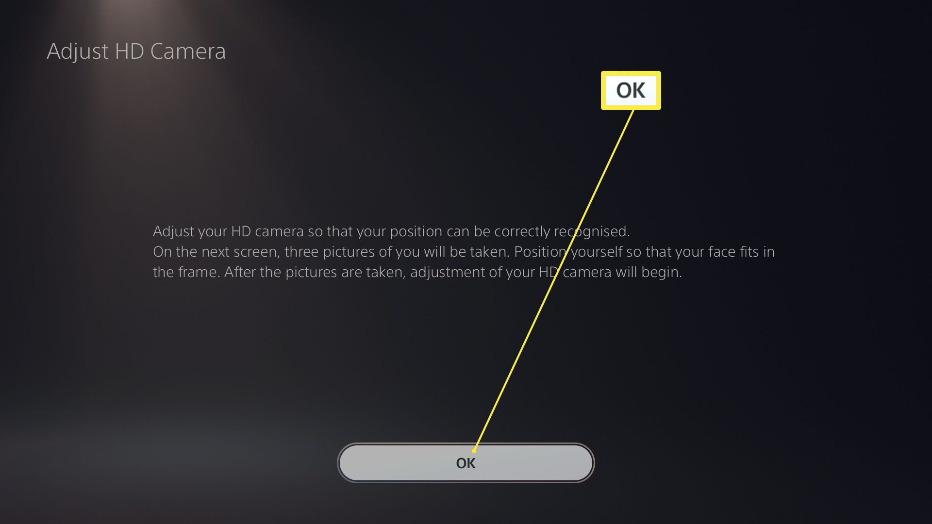 PlayStation 5 Justera HD-kamerainställningarna med OK-knappen markerad