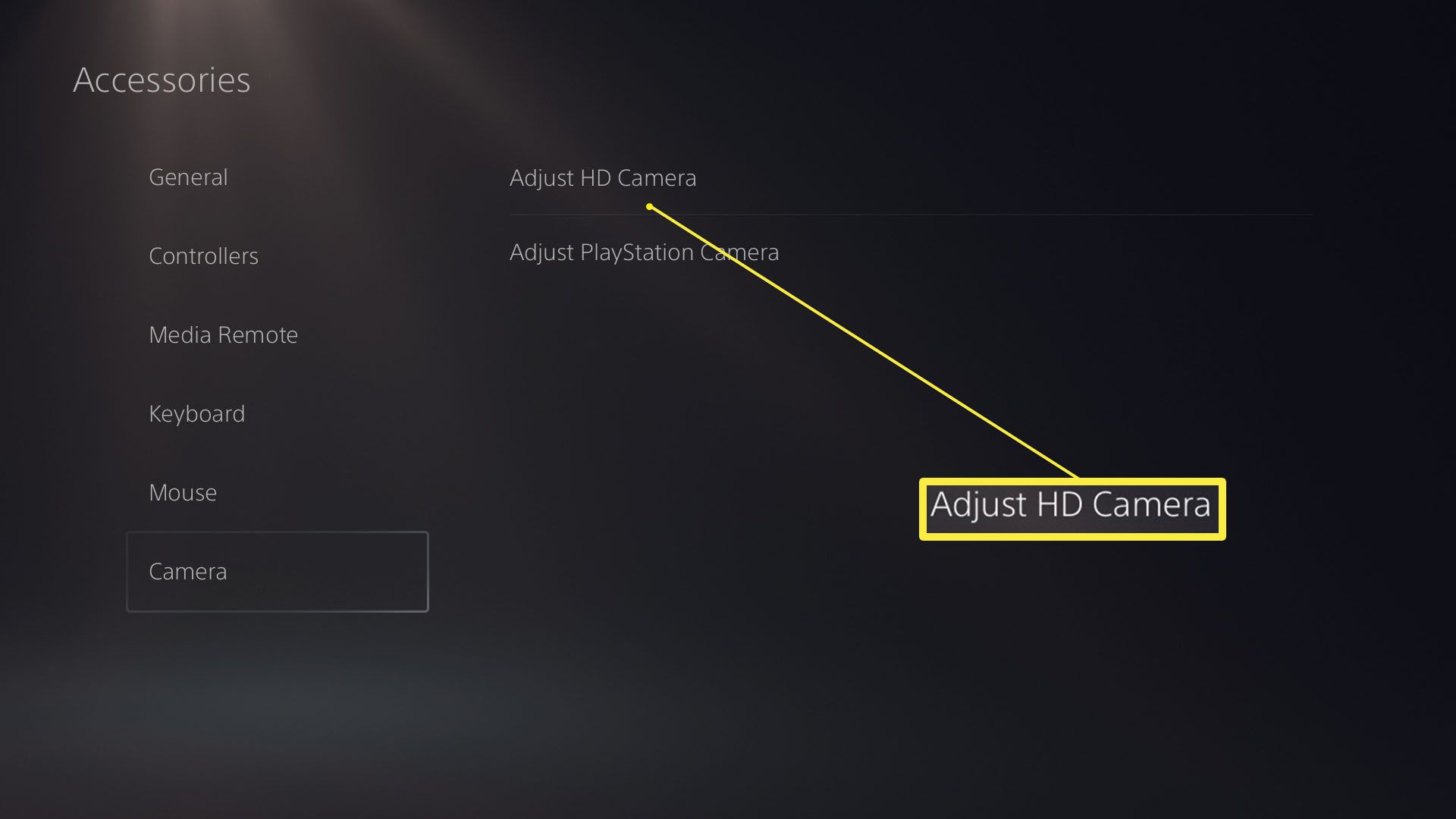 Inställningar för PlayStation 5-tillbehör med Justera HD-kamera markerad