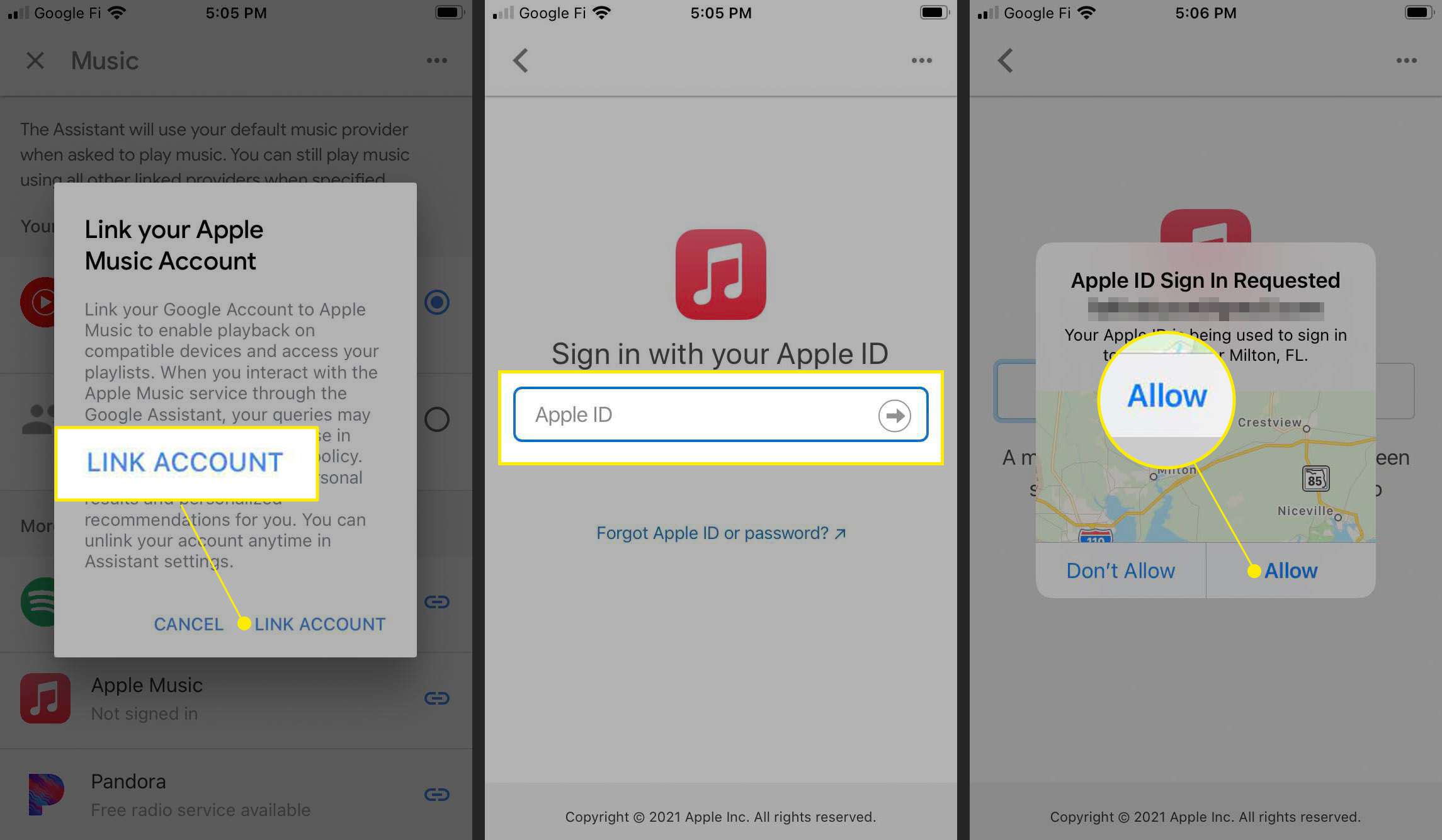 Länka ditt Apple Music-konto till Google Home-appen på iOS med Link-konto, Apple-ID och Tillåt markerat