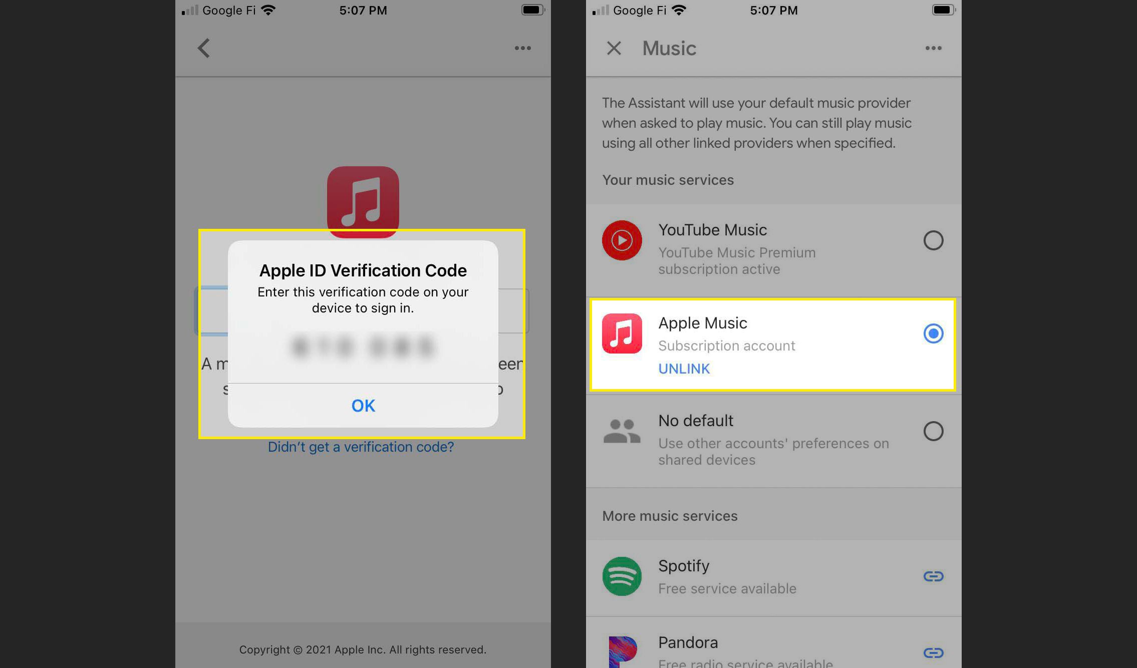 De sista stegen för att lägga till Apple Music i din Google Home-app på iOS med rutan Verifieringskod och länkad bekräftelse markerad