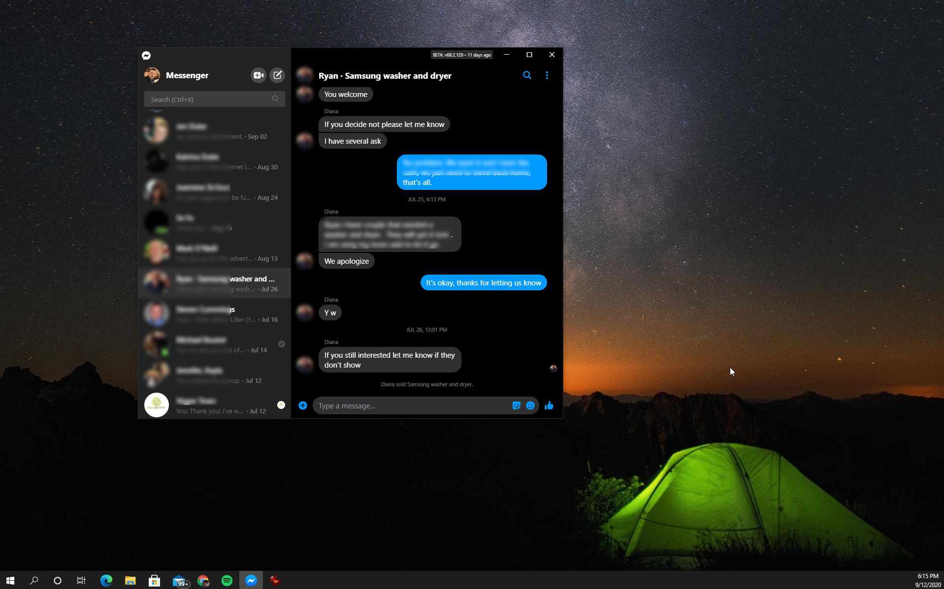 Skärmdump av Facebook Messenger-skrivbordet i mörkt läge