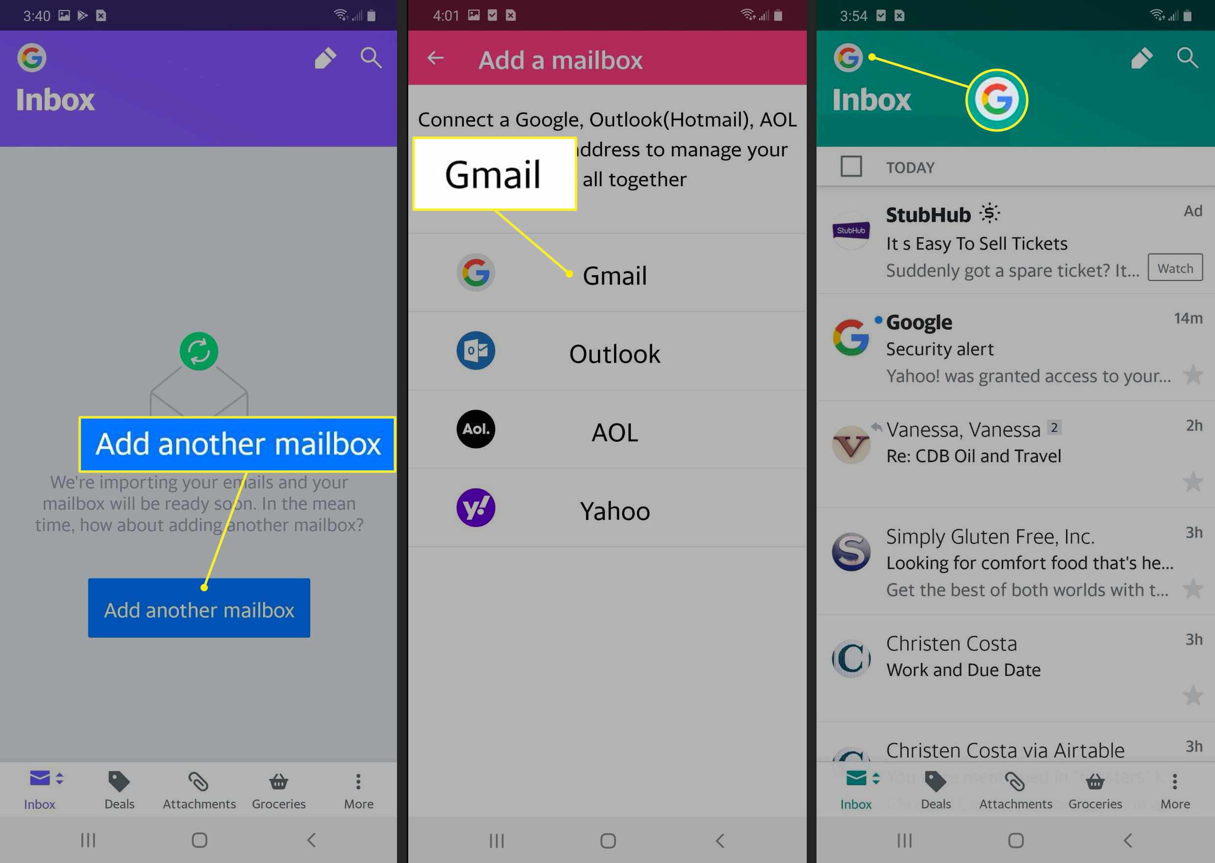Skärmar som visar hur man lägger till en ny postlåda i Yahoo Mail-appen