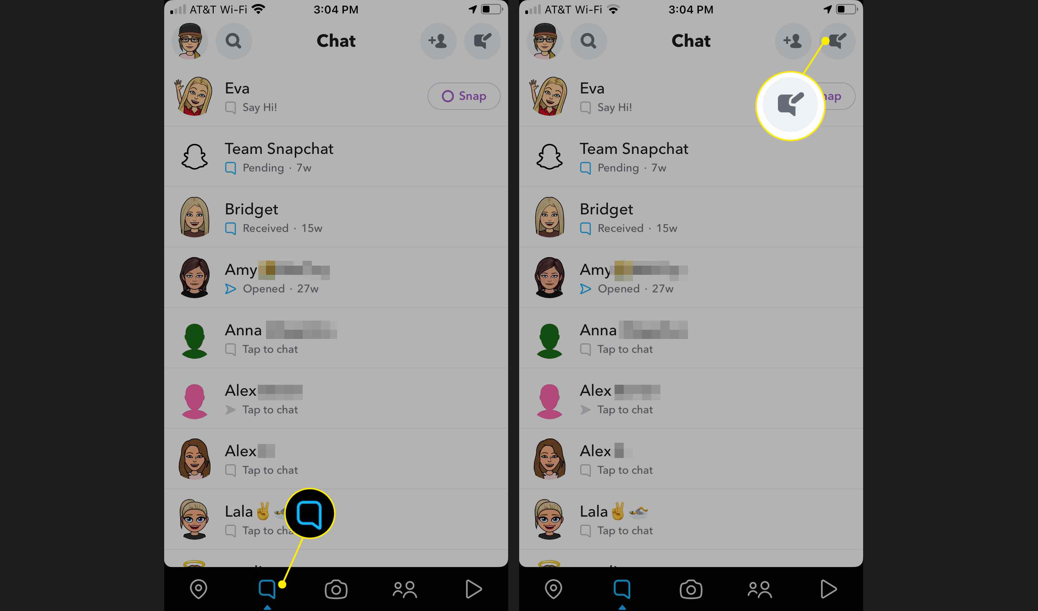 Välj fliken Chattar och komponera ikonen i Snapchat