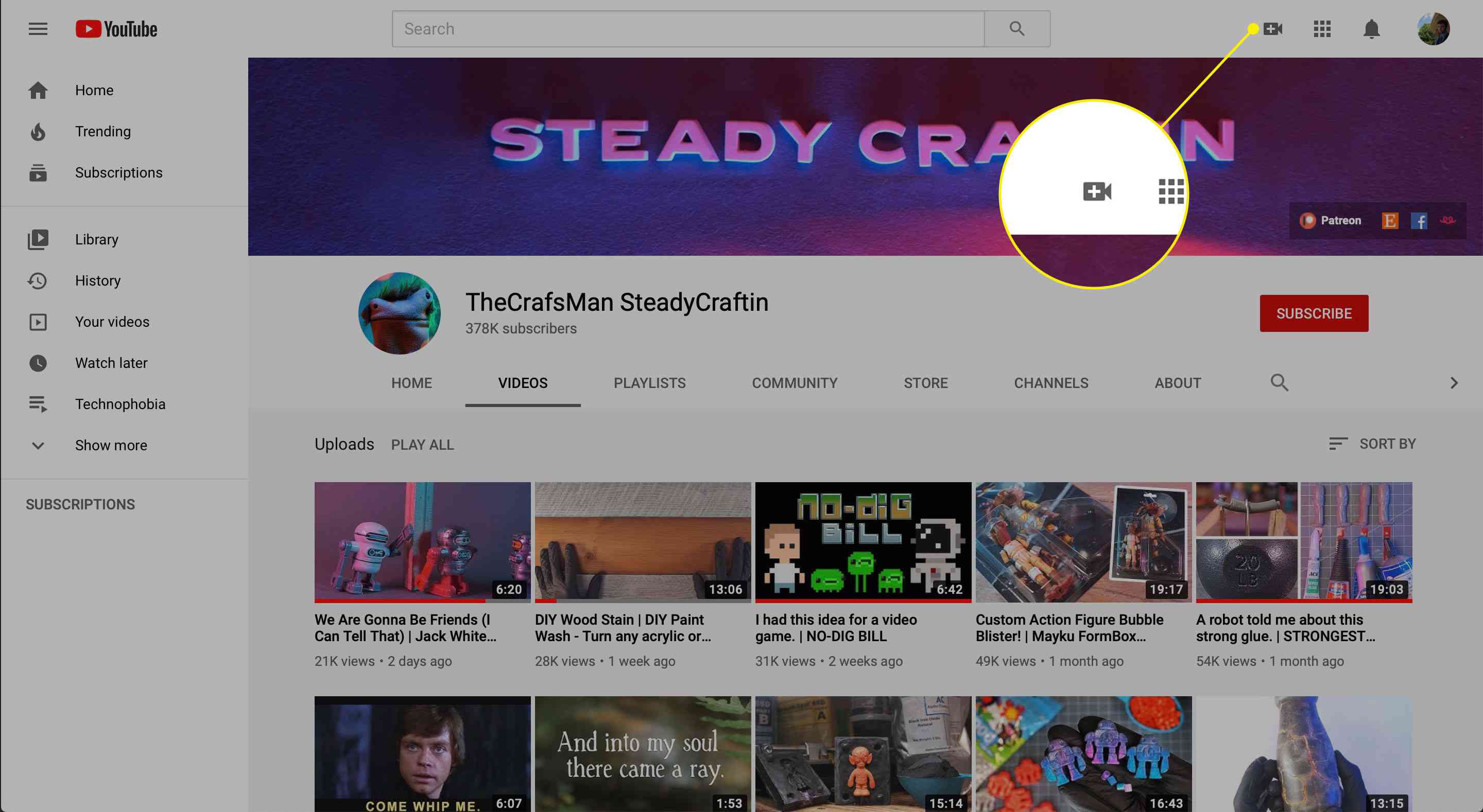 Skapa-knappen på YouTube