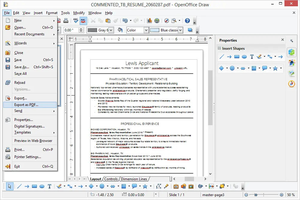 Exportera till PDF-alternativet i OpenOffice Draw