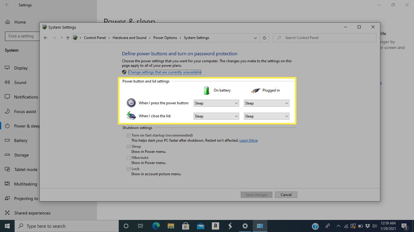 Strömknapp och lockinställningar i Windows 10