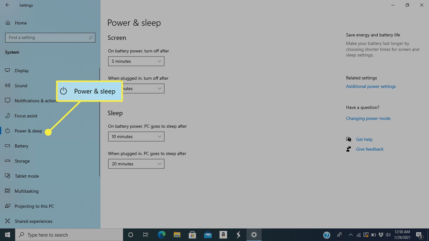 "Power & sleep" i Windows 10-systeminställningar