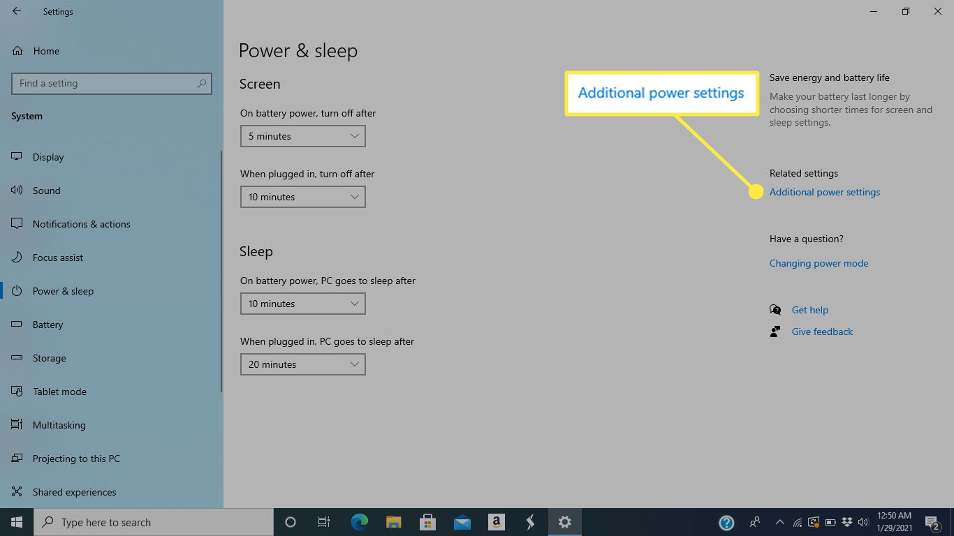 "Ytterligare ströminställningar" i Windows 10: s Power & Sleep-inställningar