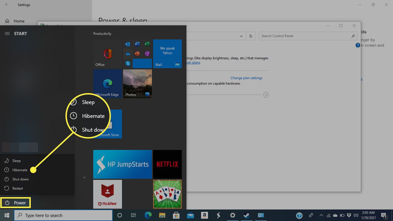 Viloläget under Strömmenyn i Windows 10