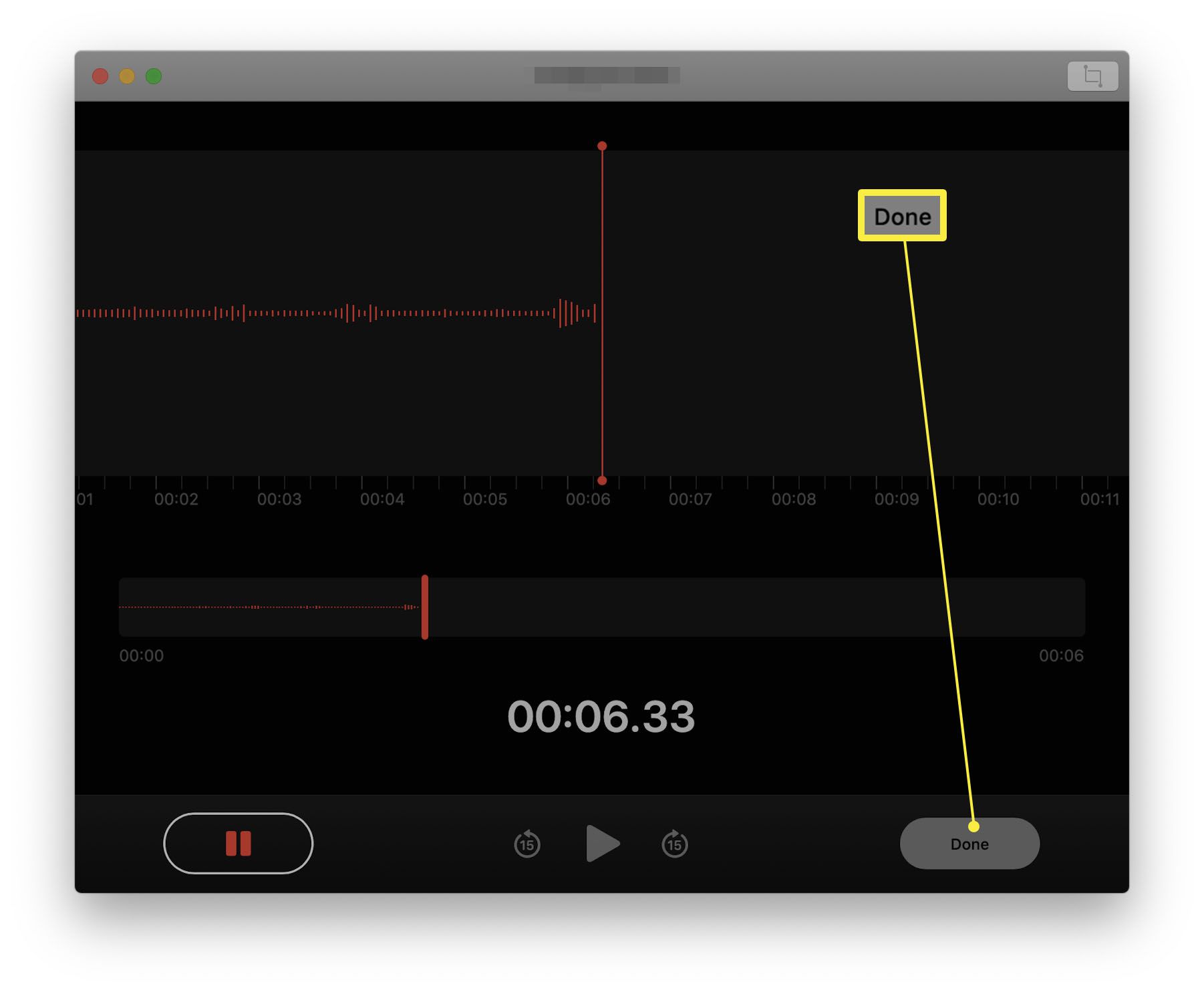 Voice Memos-appen på Mac med knappen Klar markerad