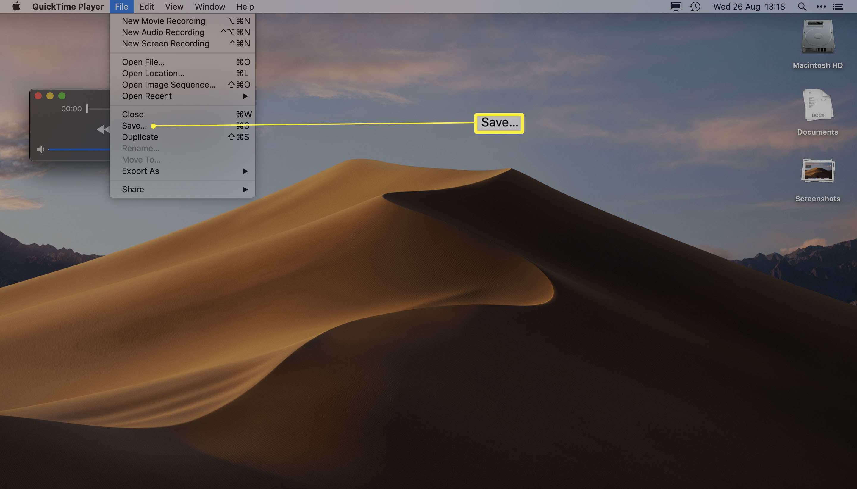 QuickTime Player på Mac med dialogrutan Spara markerad