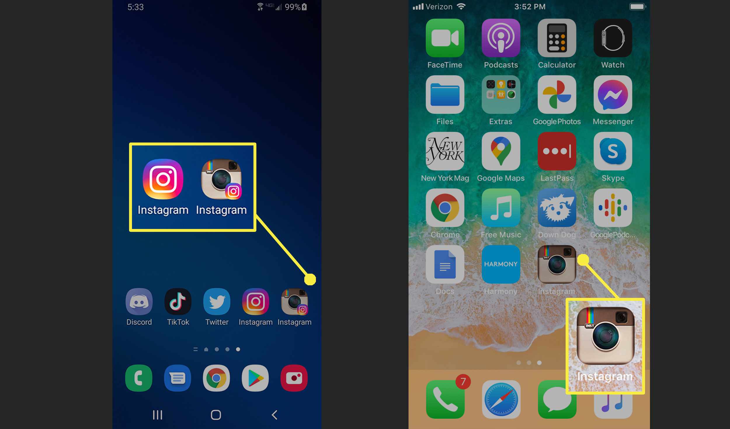 Android- och iPhone-hemskärmar med throwback Instagram-appikon.