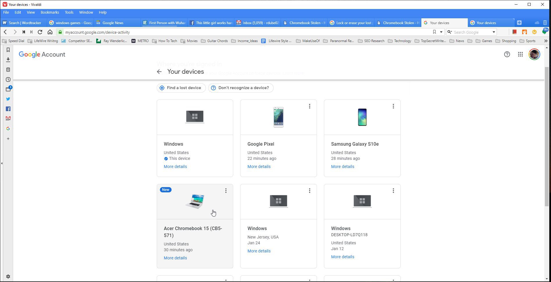 Skärmdump av en Chromebook listad i ett Google-konto