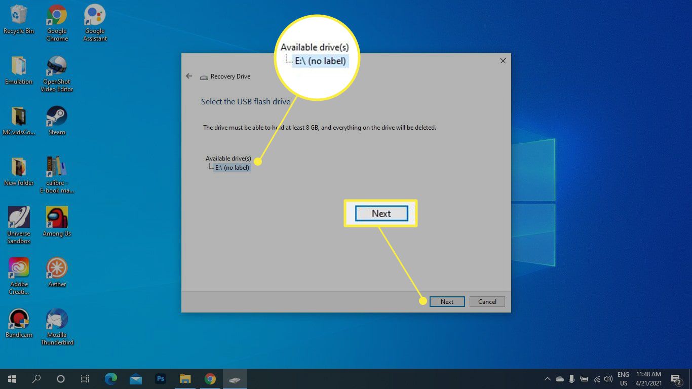 USB-enhet och Nästa markerad i Windows Recovery Drive