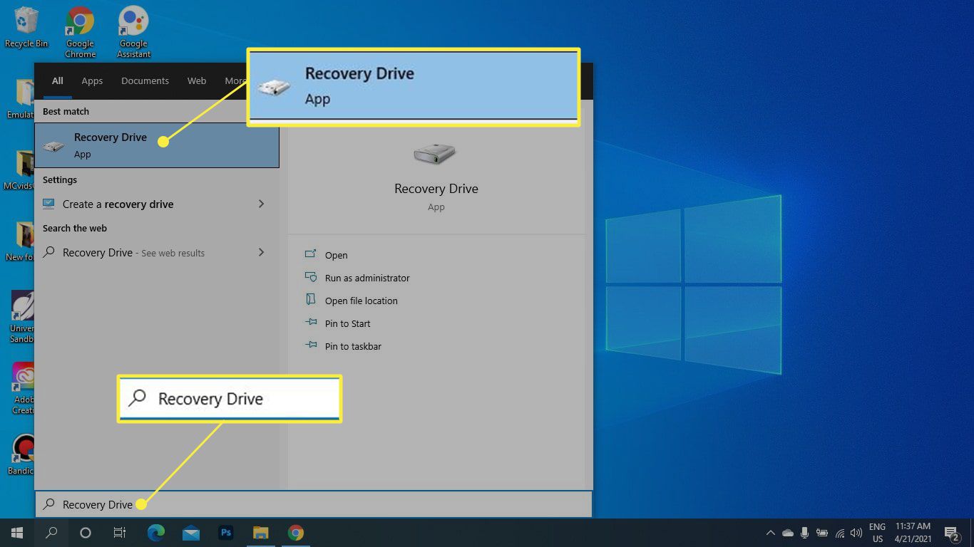 Recovery Drive-appen markerad i Windows-sökning