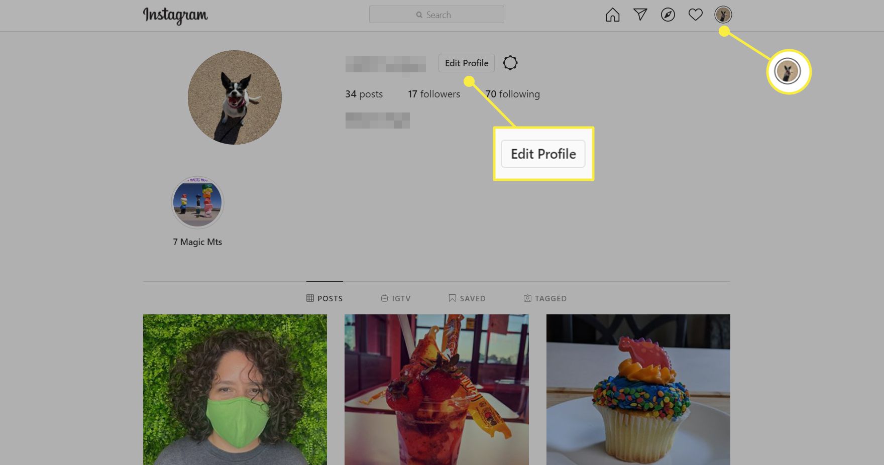 Du hittar knappen Redigera profil på din Instagrams profilsida.