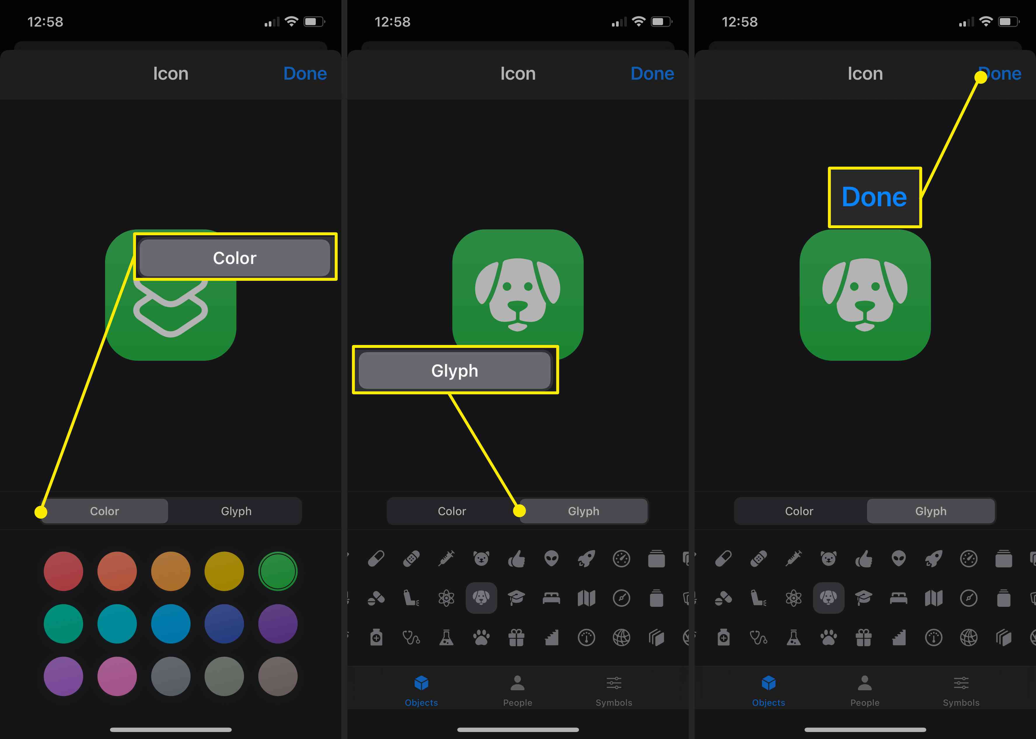 Skärmdumpar för att välja färg och tecken för en genvägsikon i iOS 14.
