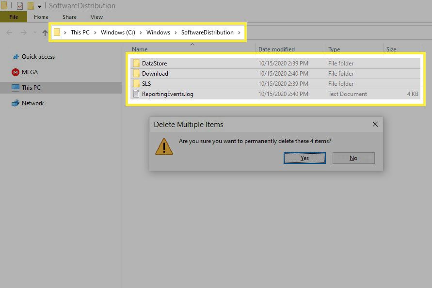 Skärmdump av bekräftelsesrutan för borttagning i mappen SoftwareDistribution i Windows 10.