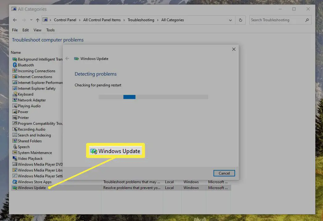 Felsökare för Windows Update körs i Windows 10.