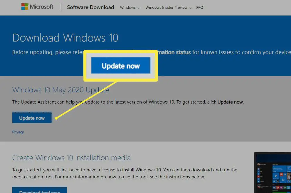 Skärmdump av Microsoft Download Windows 10-sidan.