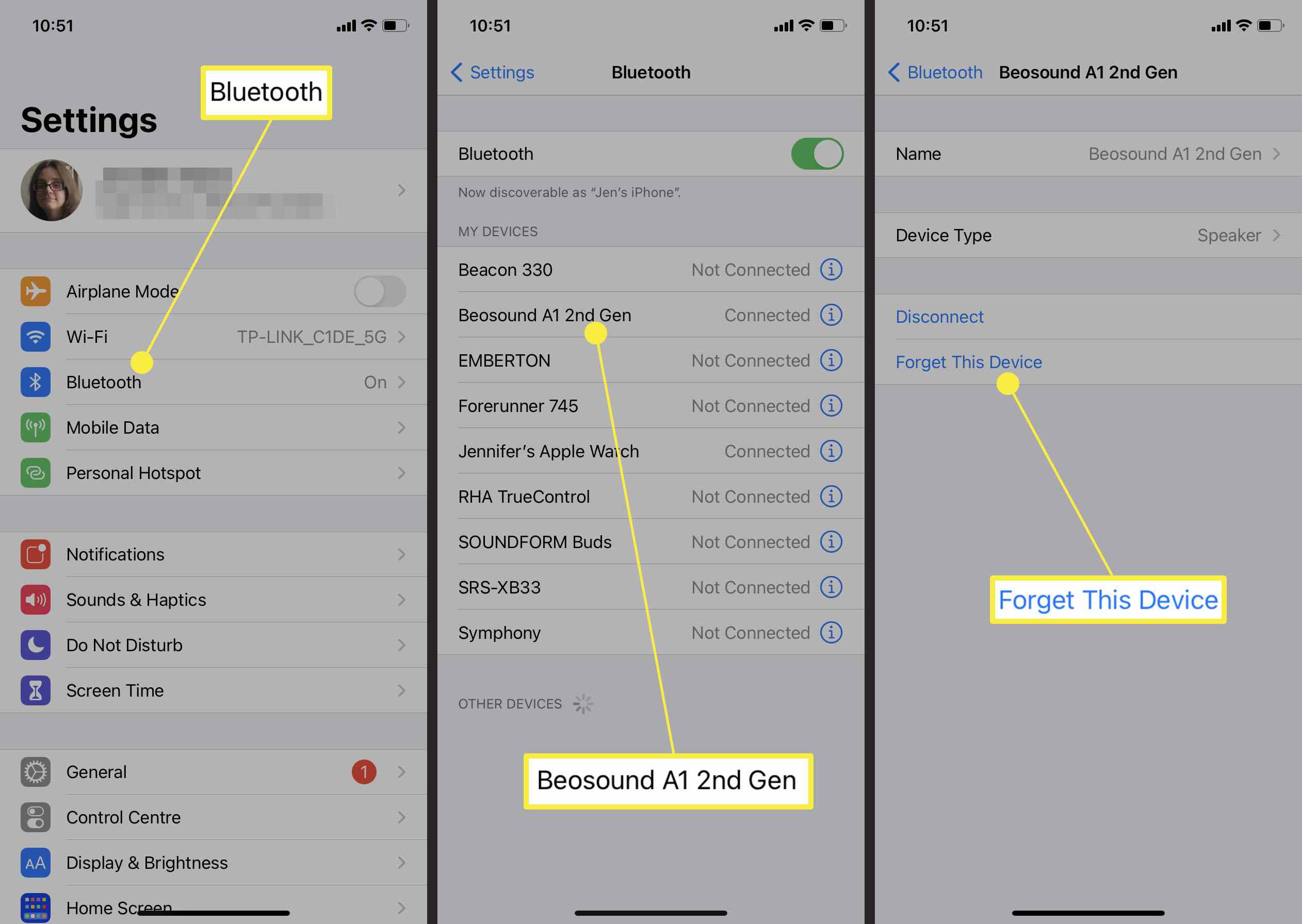 Åtgärder krävs för att glömma en Bluetooth-enhet på iOS