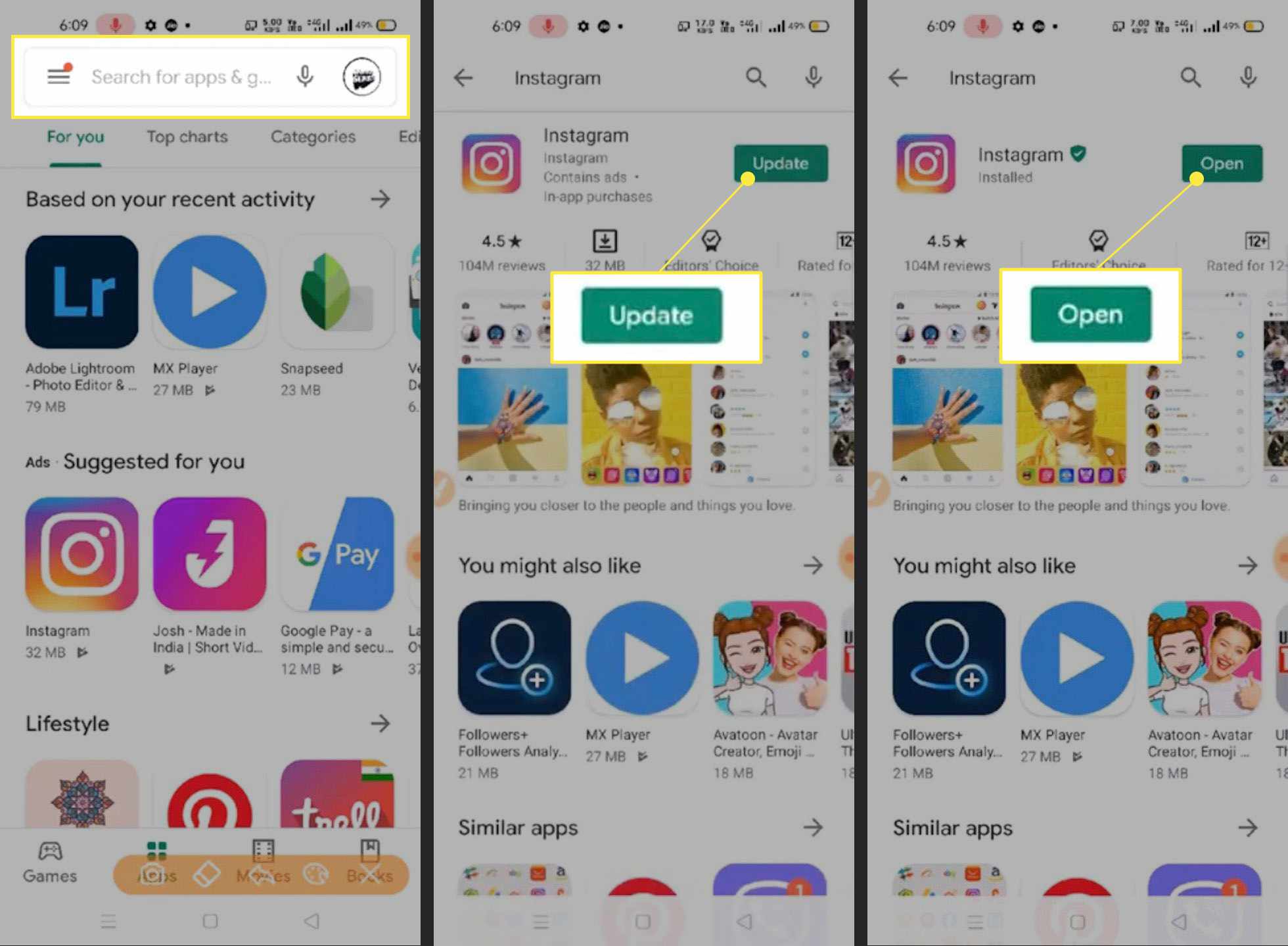 Steg för att uppdatera Instagram-appen på Android med sökfältet "Uppdatera" och "öppet" markerat
