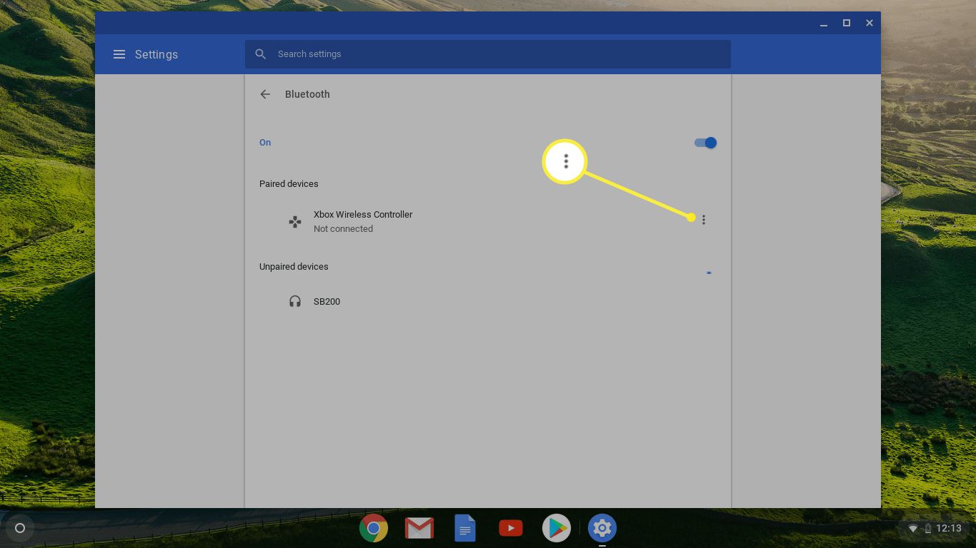 Bluetooth-inställningsmeny i Chrome OS med ikonen med tre punkter markerad