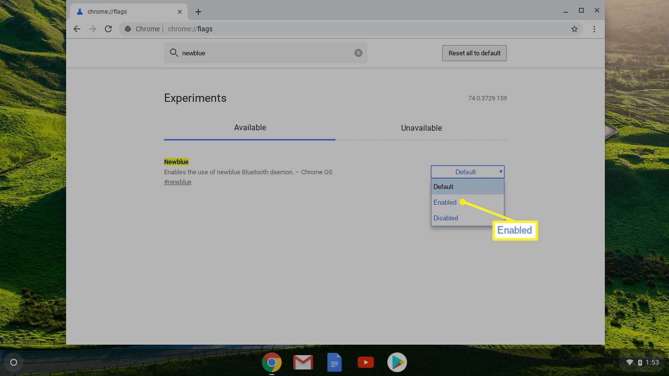 Newblue i Chrome OS med Enabled markerad