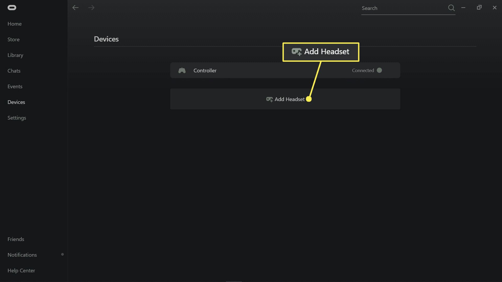 Lägg till headset markerat i Oculus app-enhetens meny.