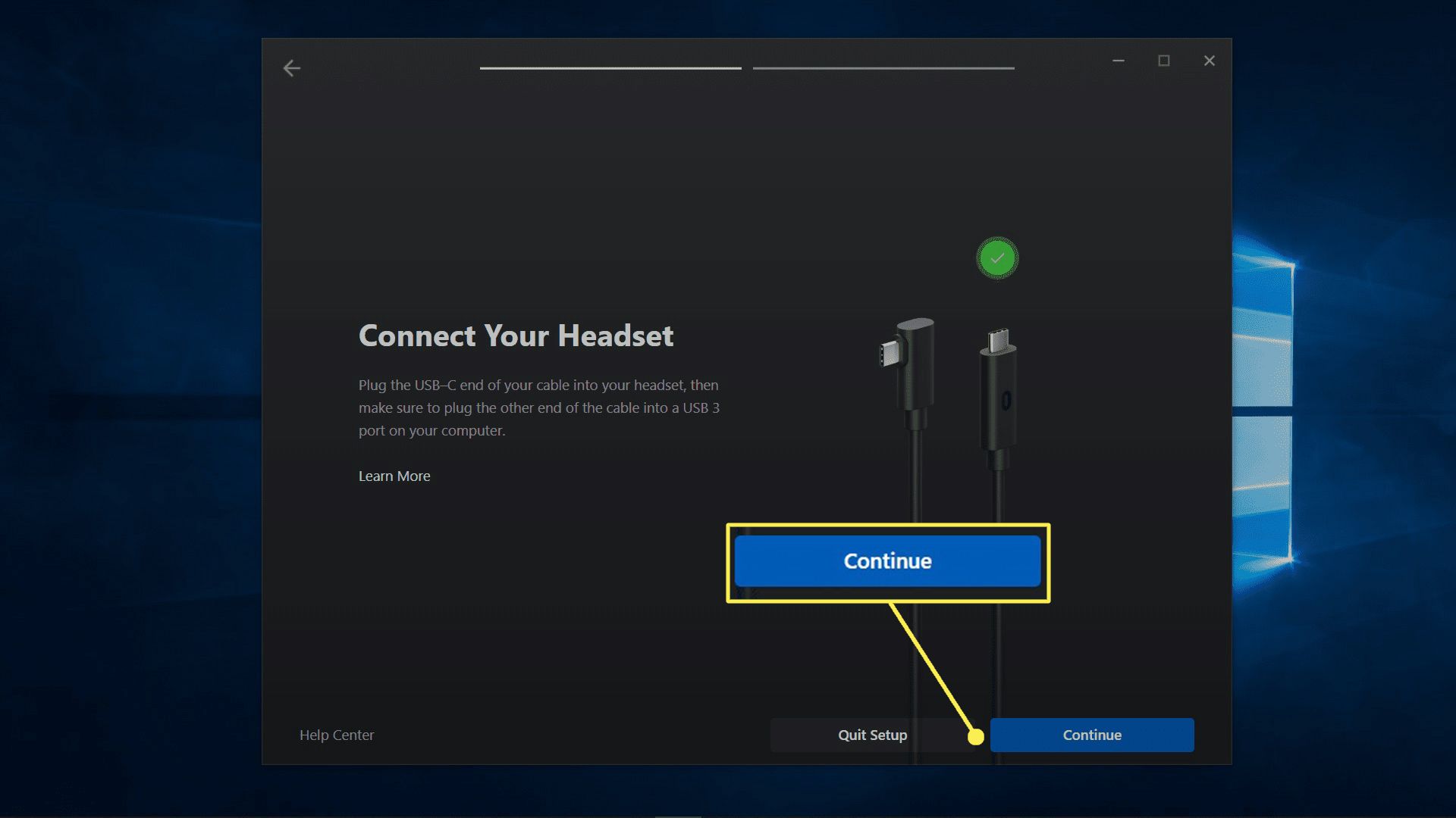 Fortsätt markerat på headsetanslutningsskärmen i oculus-appen.