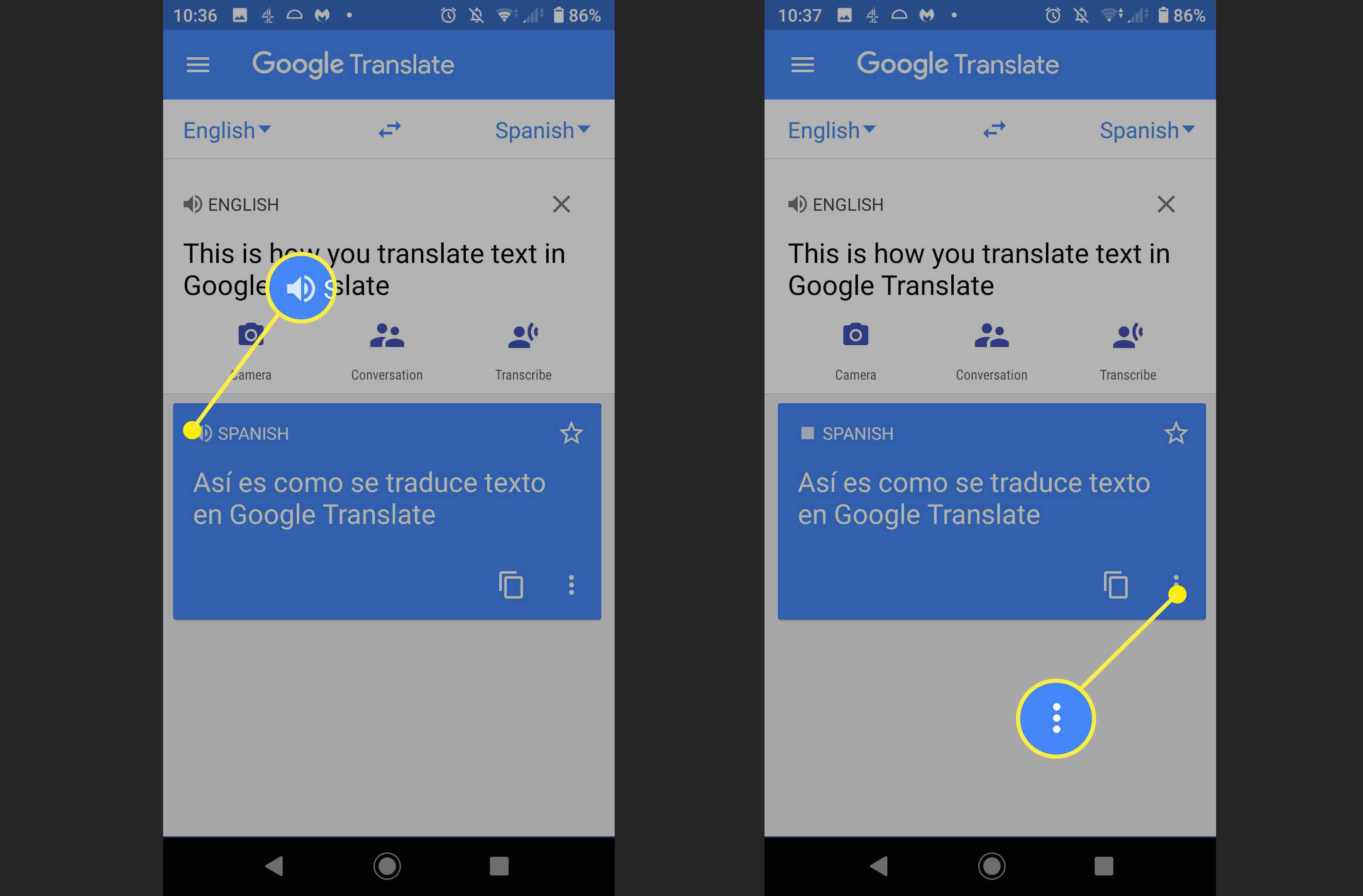 Skärmbilder av högtalarikonen och mer-menyn på Google Translate.