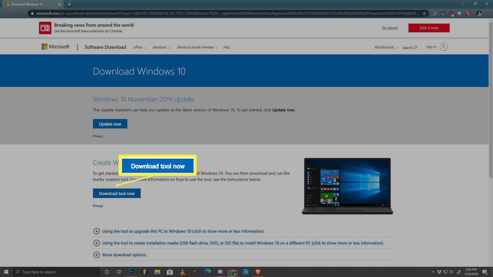 En skärmdump av nedladdningssidan för Windows 10.