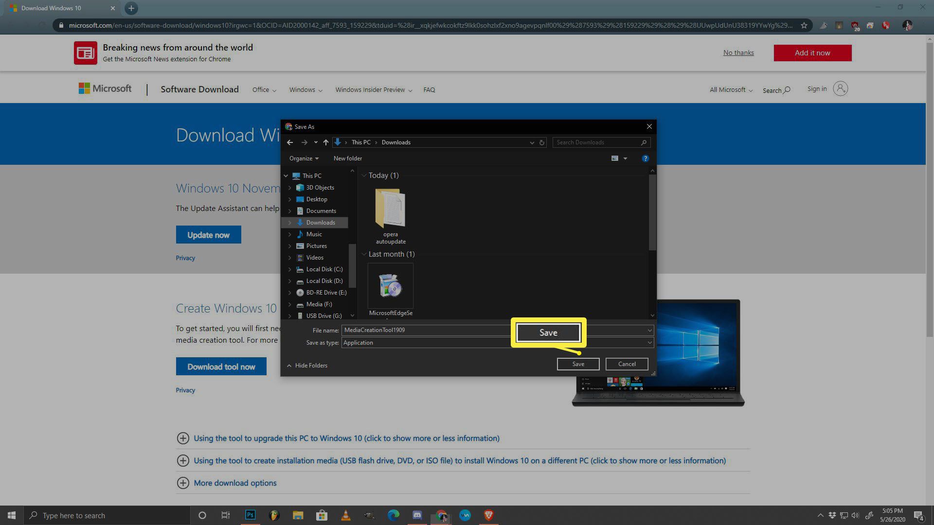 En skärmdump för nedladdning av en fil i Windows 10.