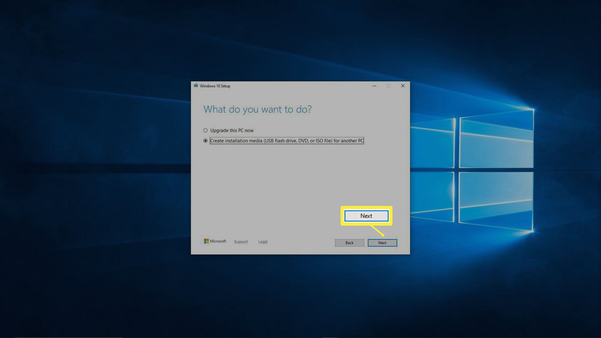 En skärmdump av Windows 10-verktyg för skapande av media.