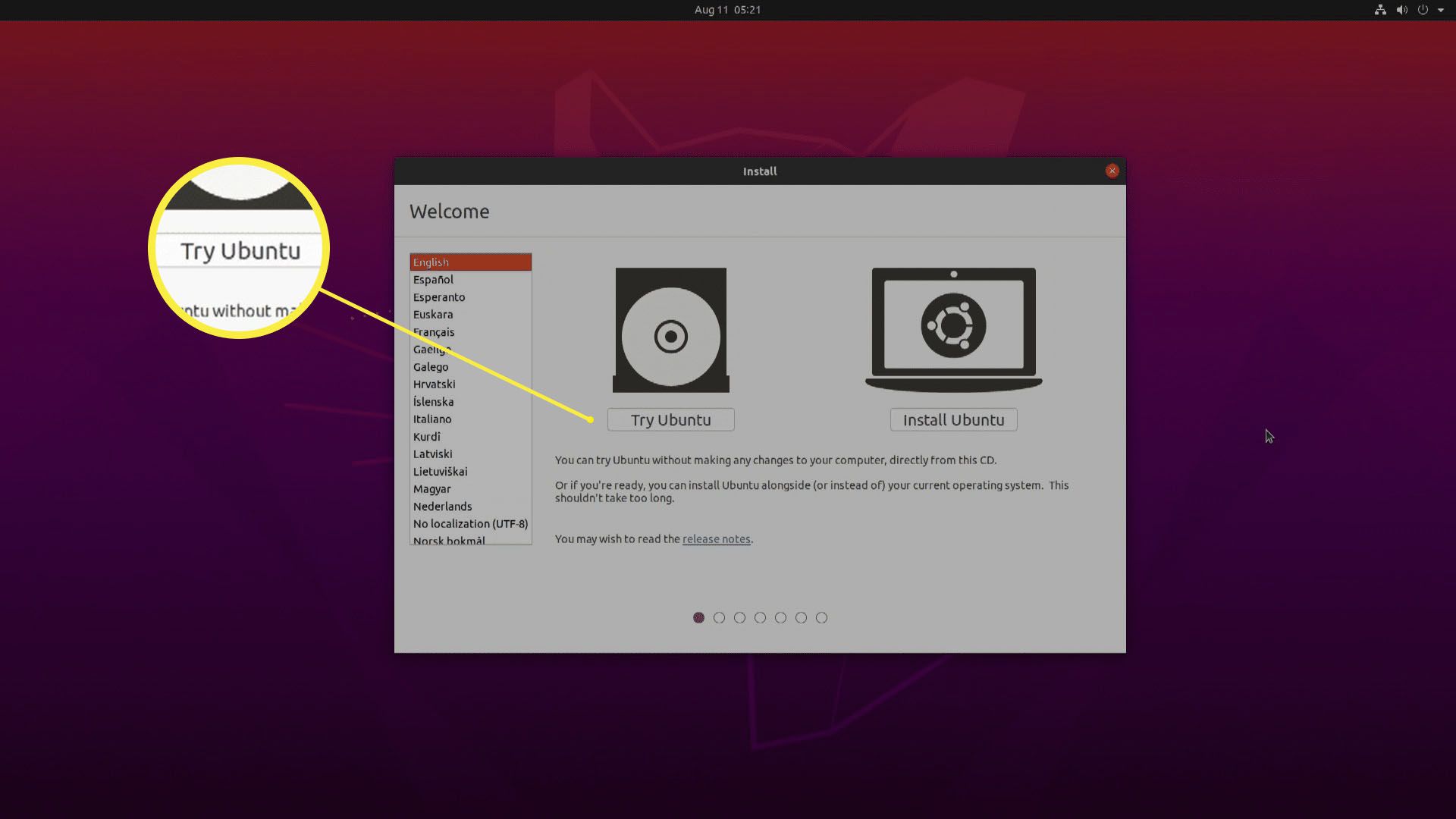 En skärmdump av installationsfönstret för Ubuntu.