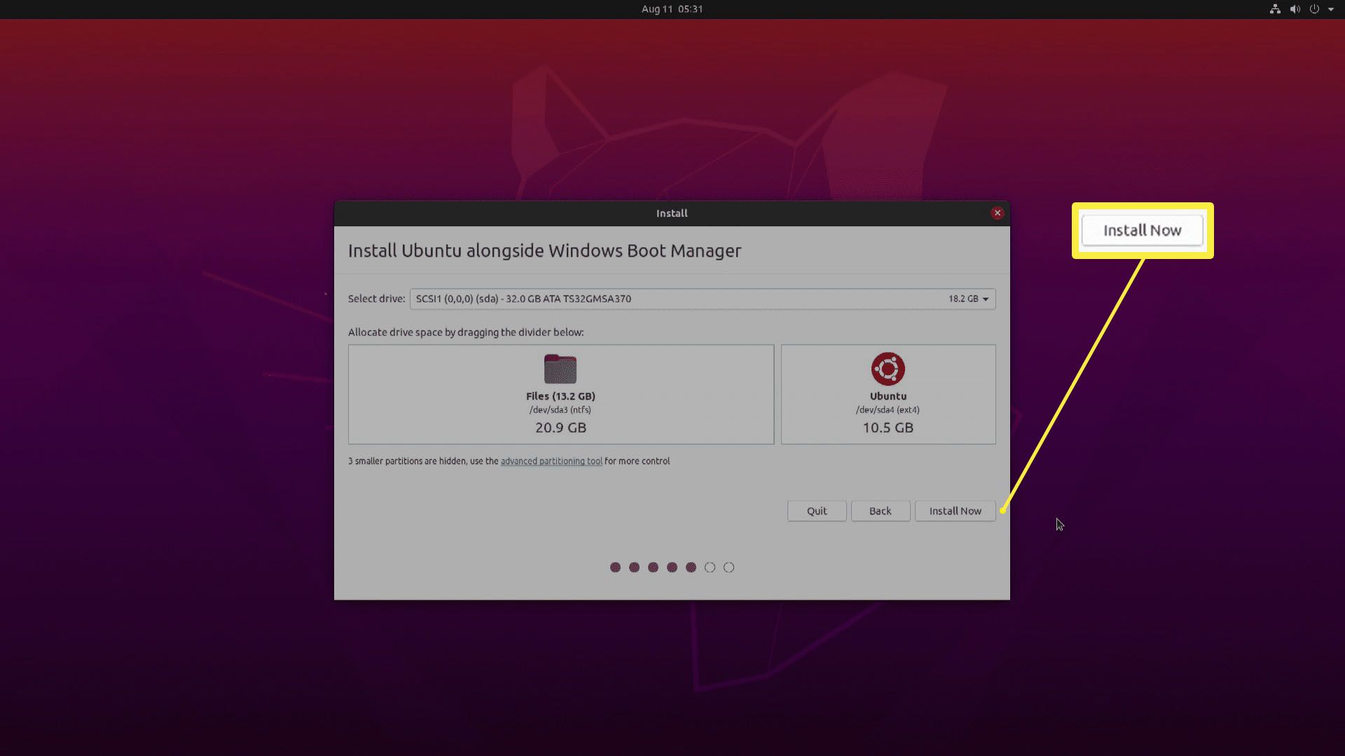 En skärmdump av tilldelning av Ubuntu-skivutrymme.