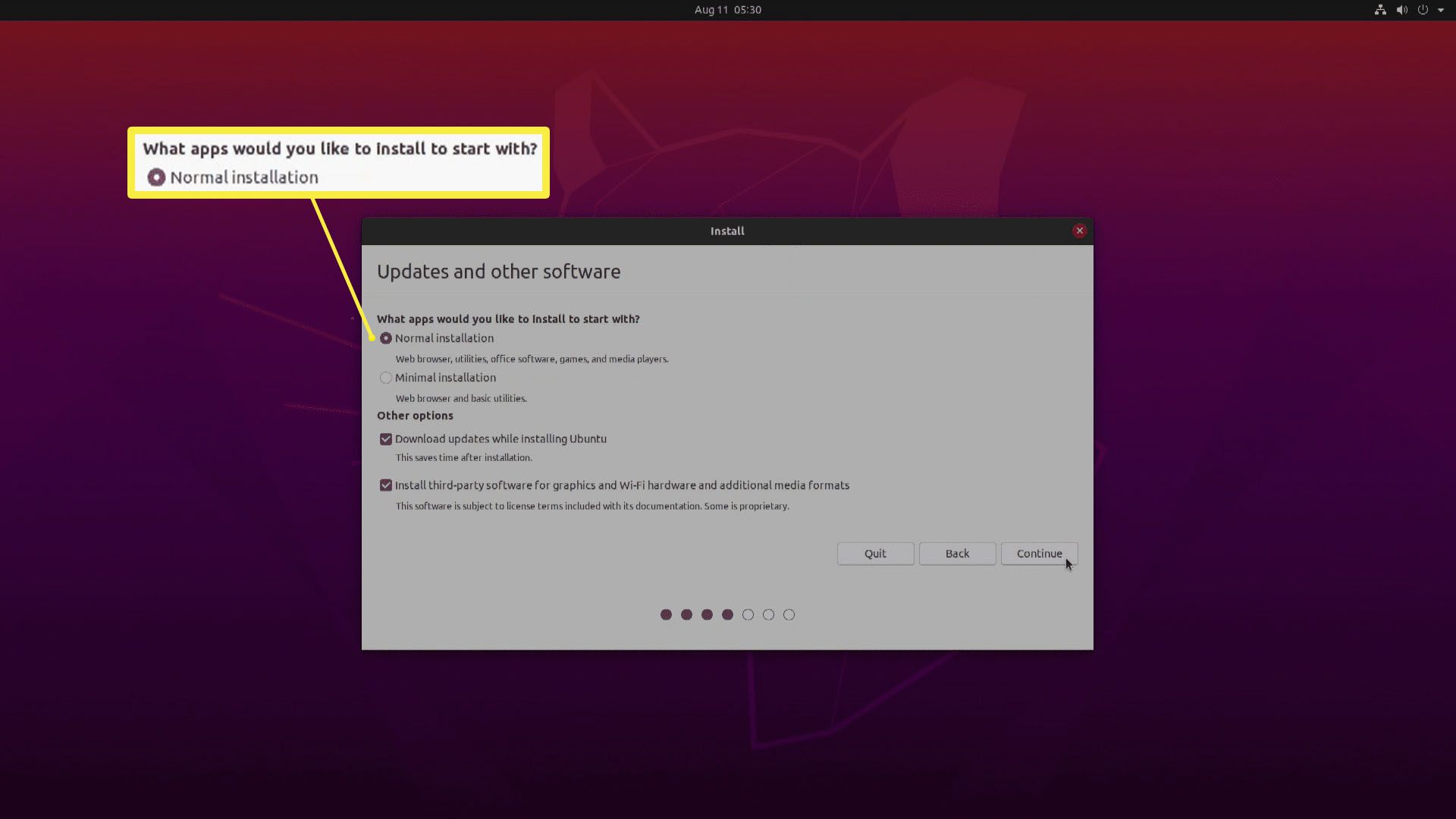 En skärmdump av installationsalternativen för Ubuntu.