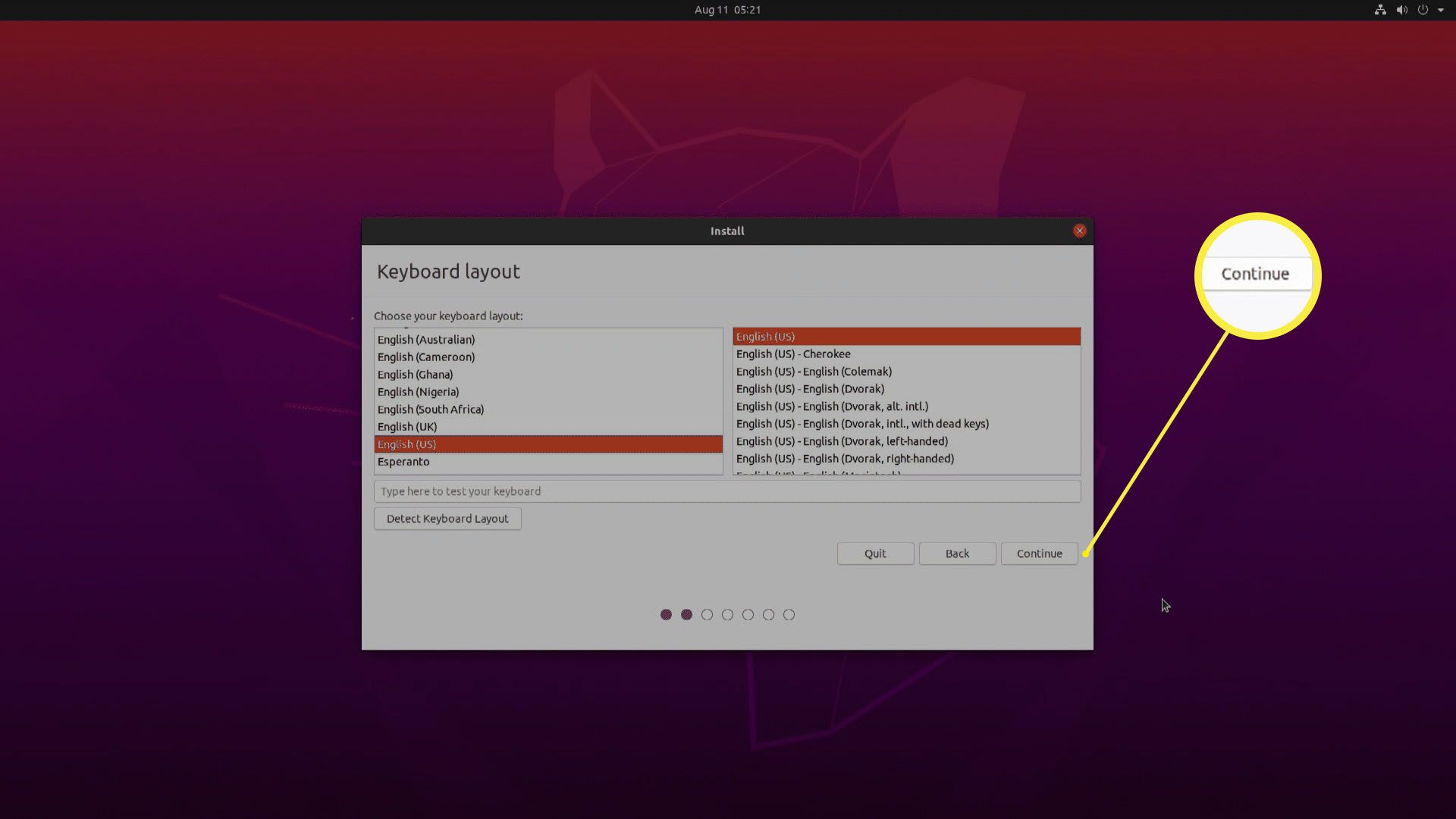 En skärmdump av alternativen för tangentbordslayout i Ubuntu.