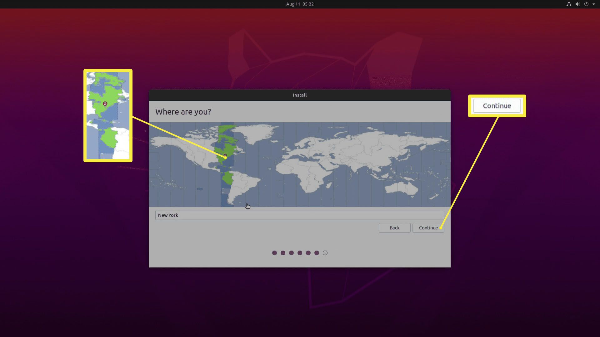 En skärmdump av att välja en tidszon i Ubuntu.