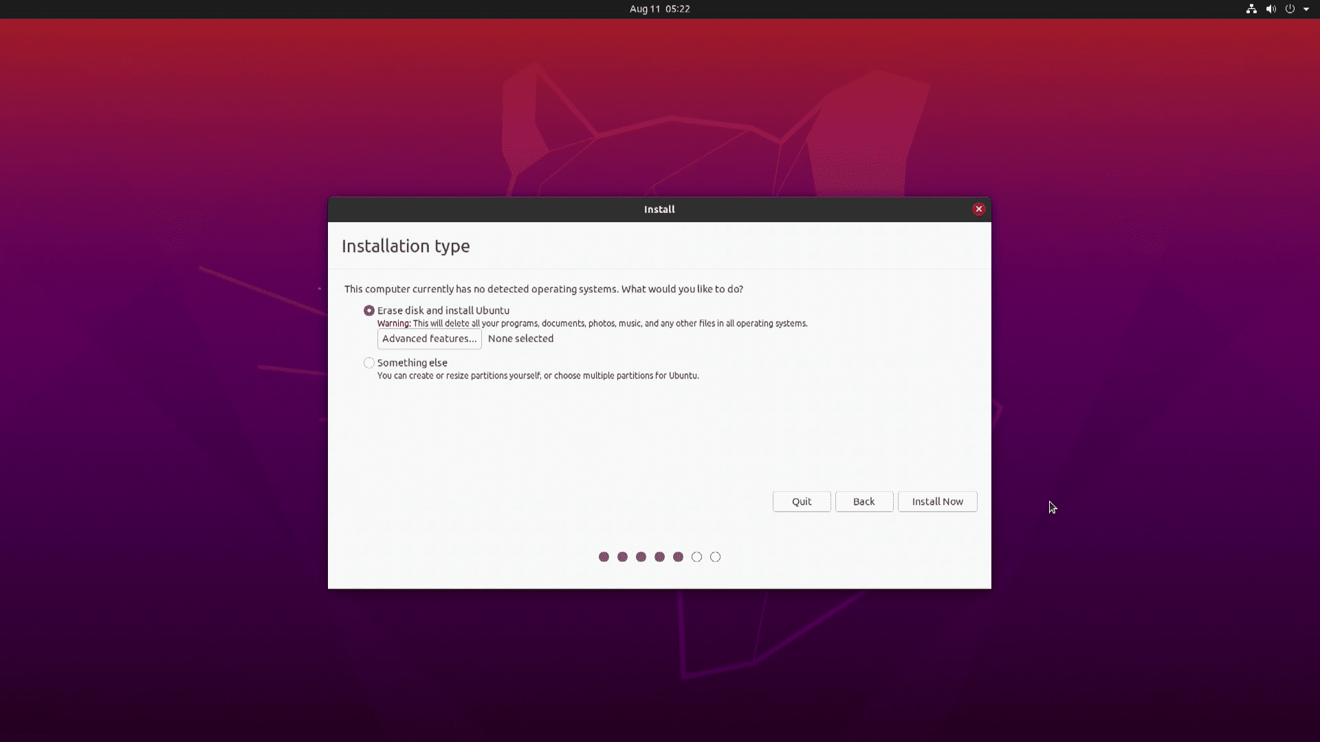 En skärmdump av att installera Ubuntu utan Windows.