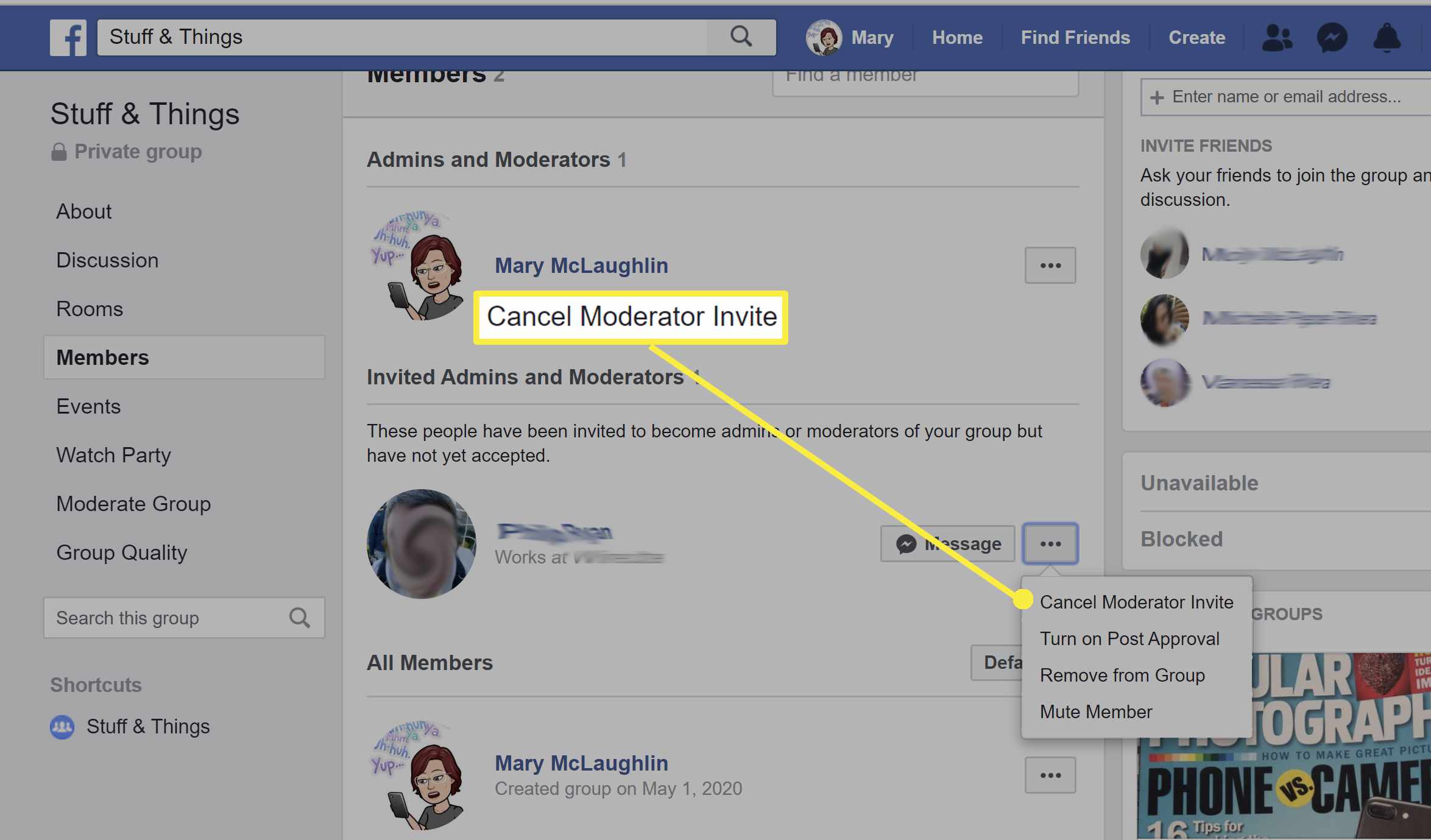 Avbryter moderatorinbjudan på en Facebook-sida.
