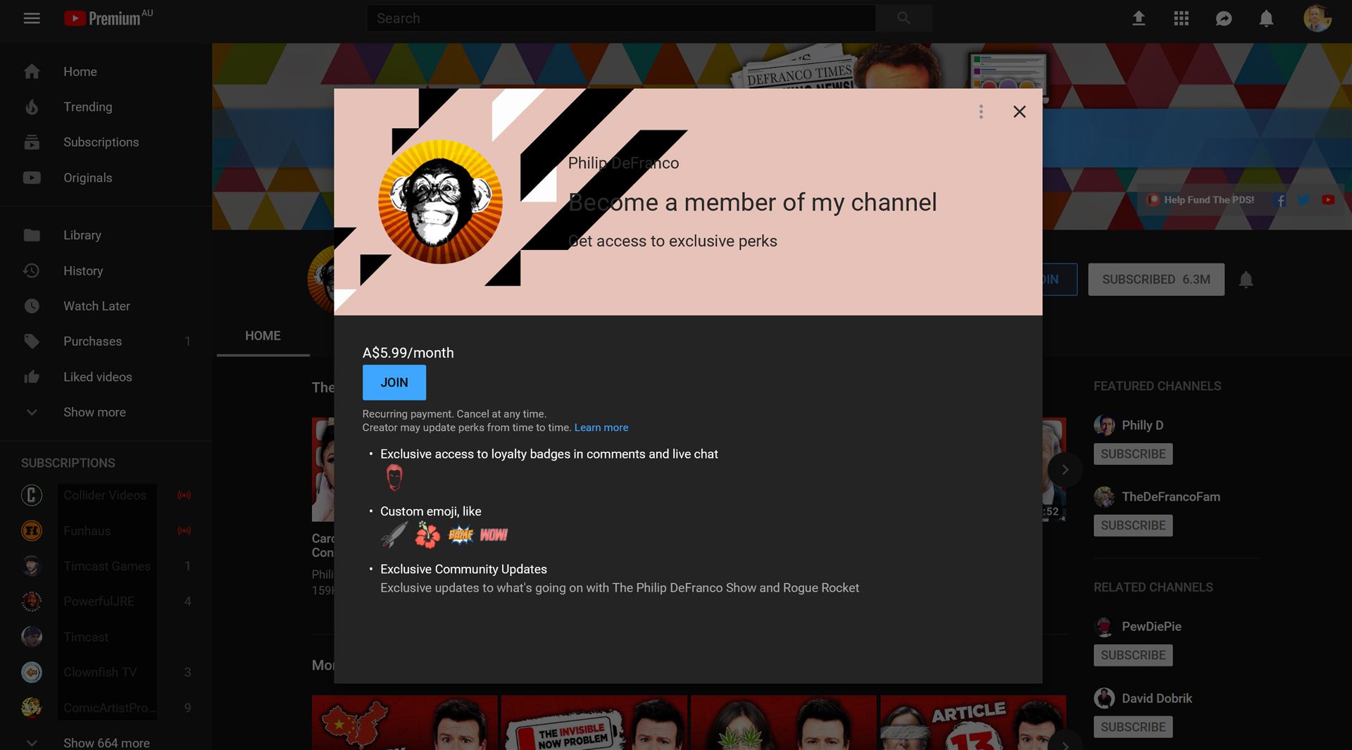 YouTube-kanal Medlemskapsinformation såsom märken och emoji.