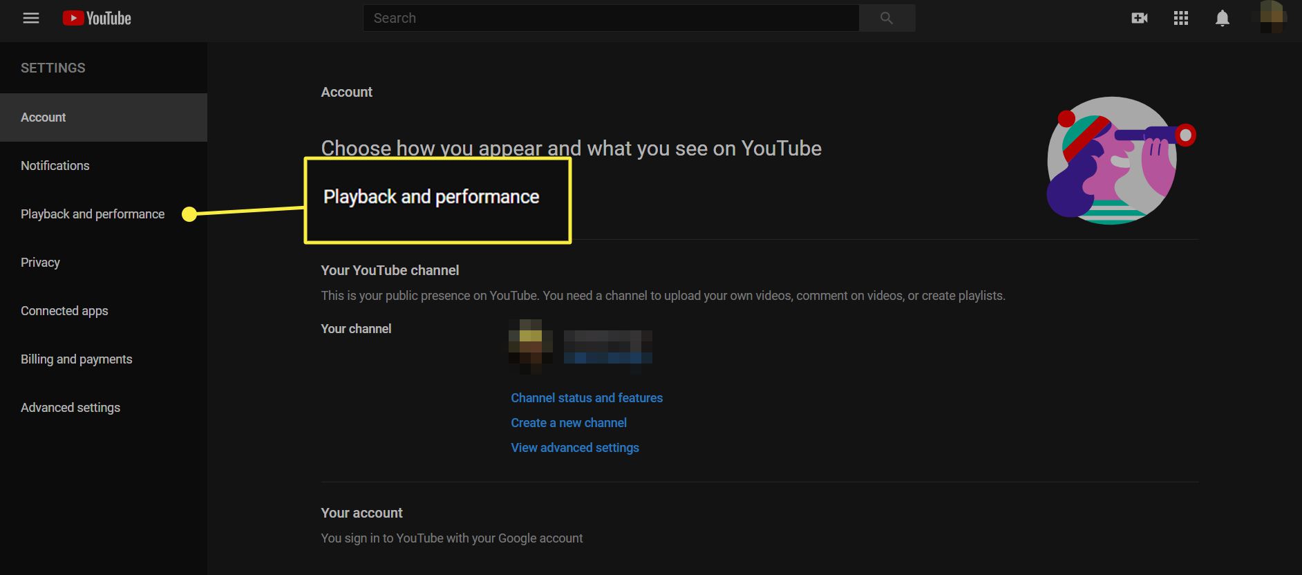 YouTube-inställningsalternativ med alternativet Uppspelning och prestanda markerat.