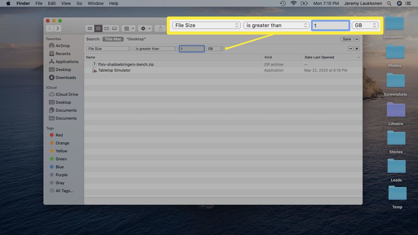 En skärmdump av en Finder-filstorlekssökning på macOS.