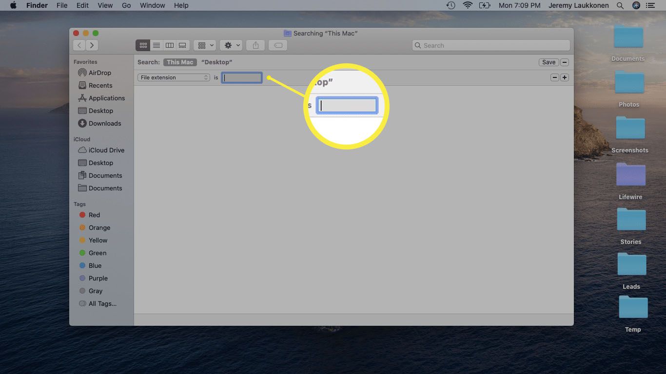 En skärmdump av ett Finder-sökfönster på macOS.