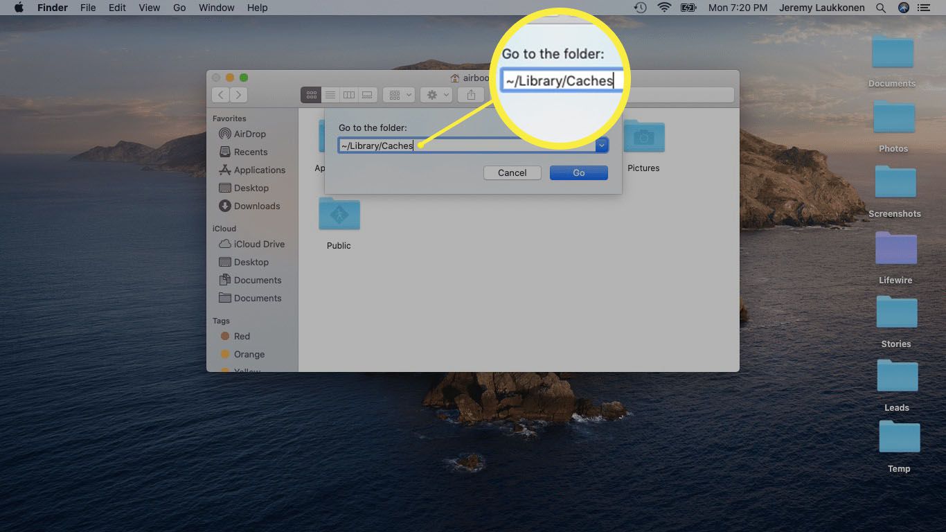 En skärmdump av funktionen go to folder på macOS.