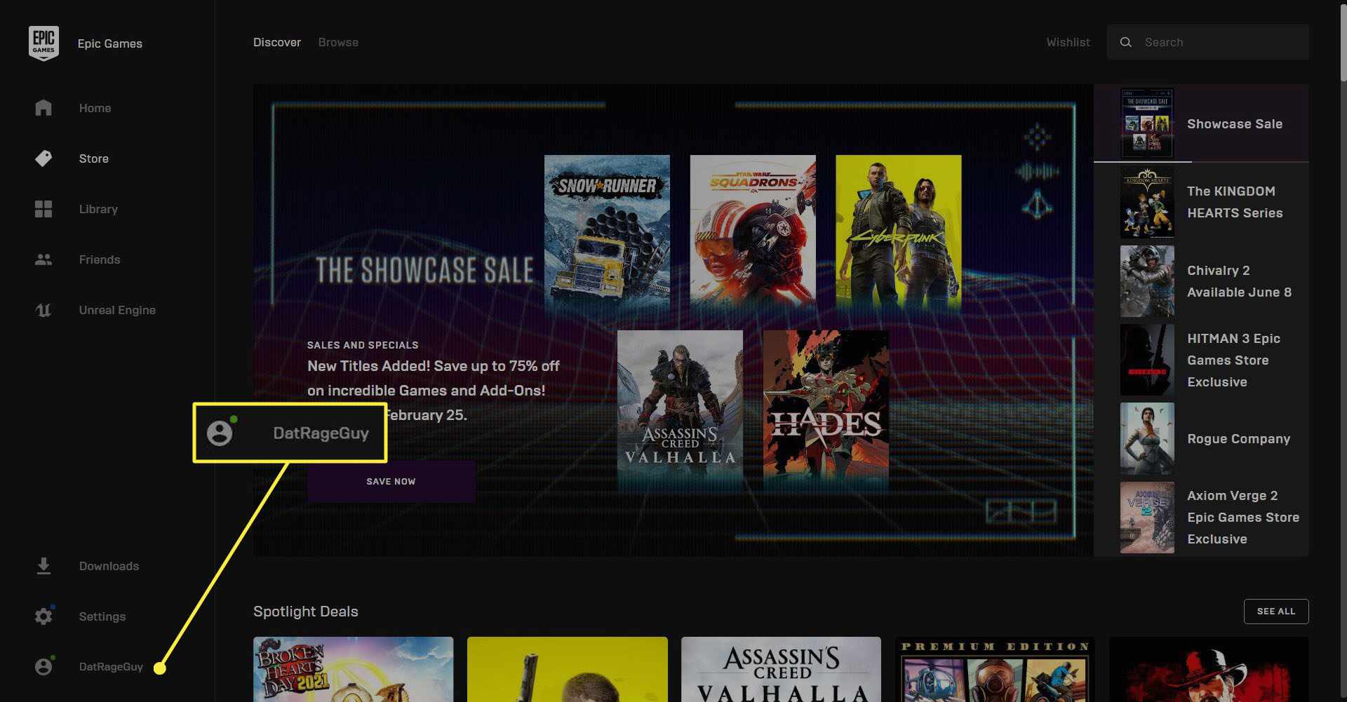 Profilen är markerad på Epic Games Launcher.