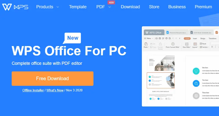 Skärmdump av nedladdningssidan för WPS Office