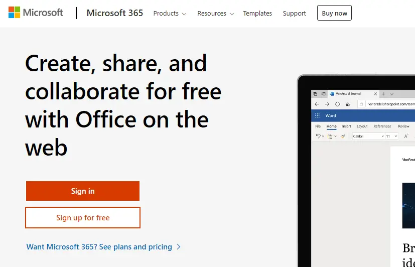 Skärmdump av registreringssidan för Microsoft Office Online